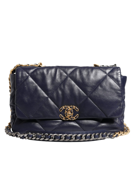 Grand sac à bandoulière en cuir bleu matelassé avec chaîne