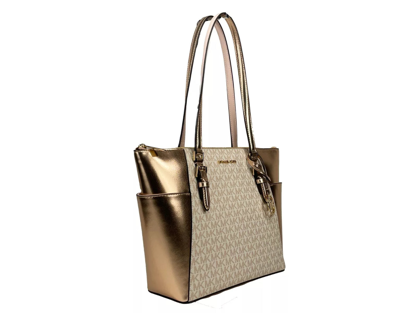 Grand sac fourre-tout Charlotte en cuir avec fermeture éclair sur le dessus, or rose