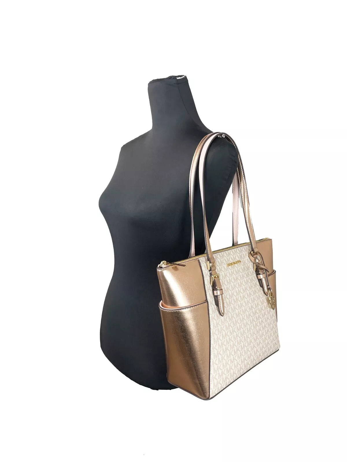 Grand sac fourre-tout Charlotte en cuir avec fermeture éclair sur le dessus, or rose