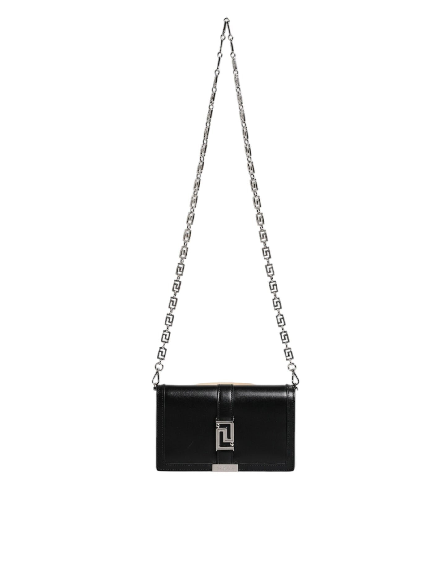 Bolso bandolera de piel de becerro negra con correa de cadena