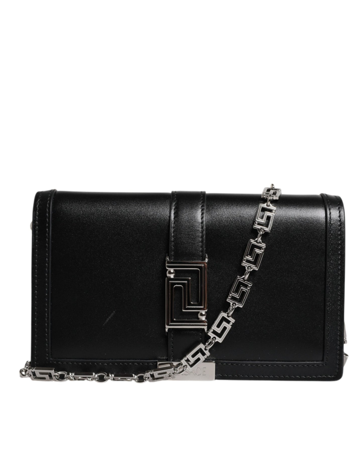 Bolso bandolera de piel de becerro negra con correa de cadena