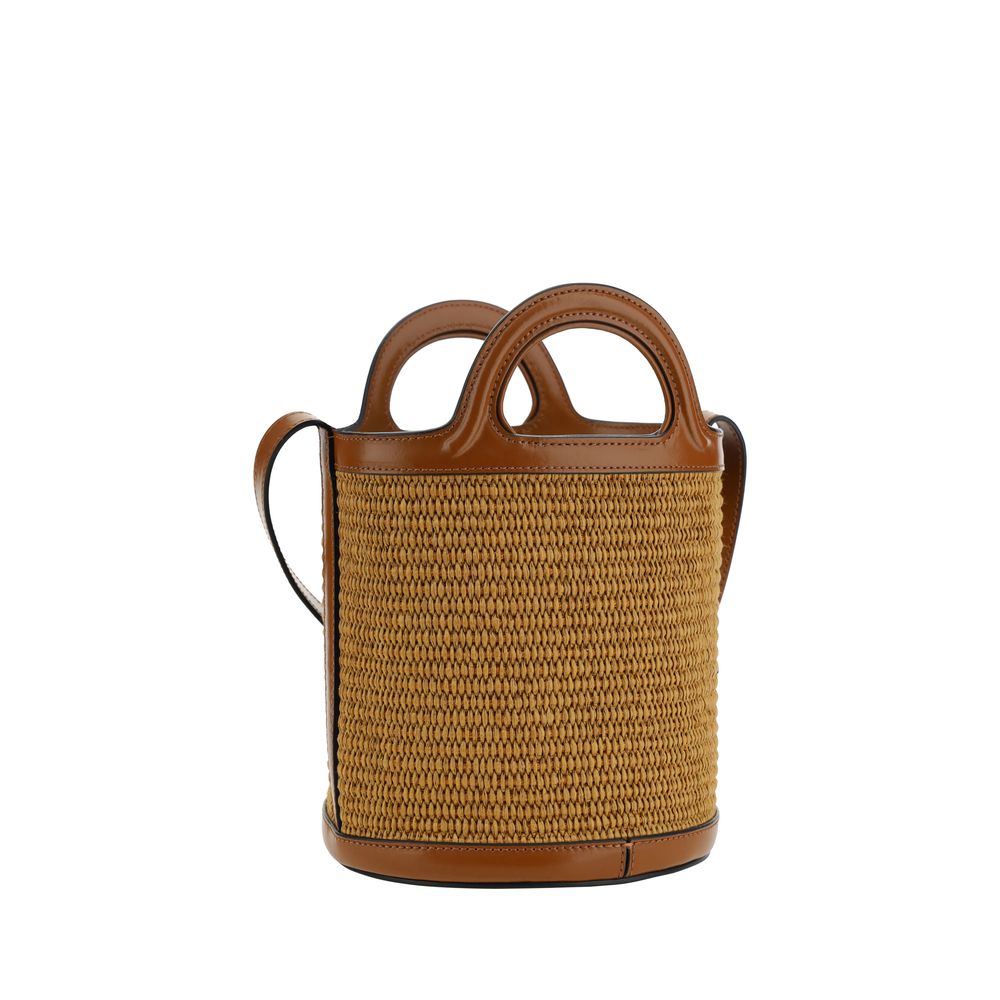 Tropicalia Small Bucket Bag in Brown Leather and Raffia-Effect Fabric