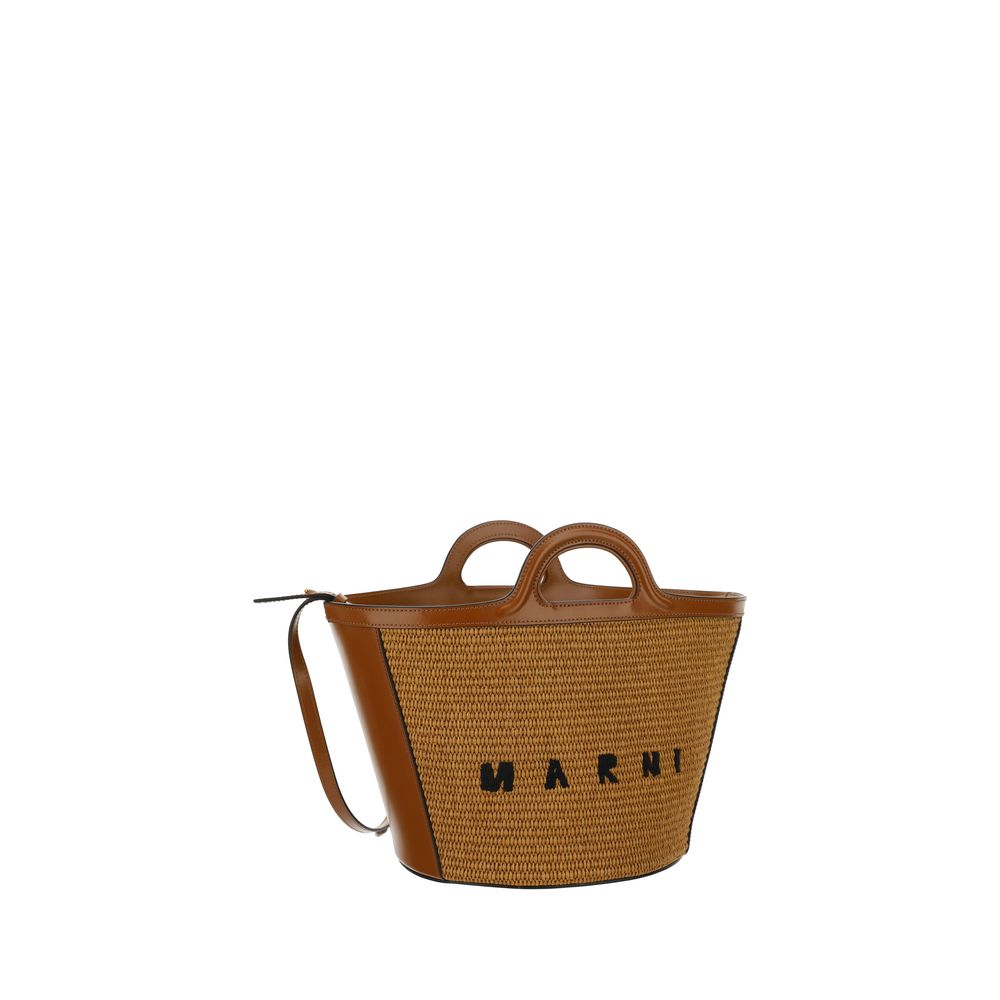 Tropicalia Small Bag in Brown Leather and Raffia-Effect Fabric