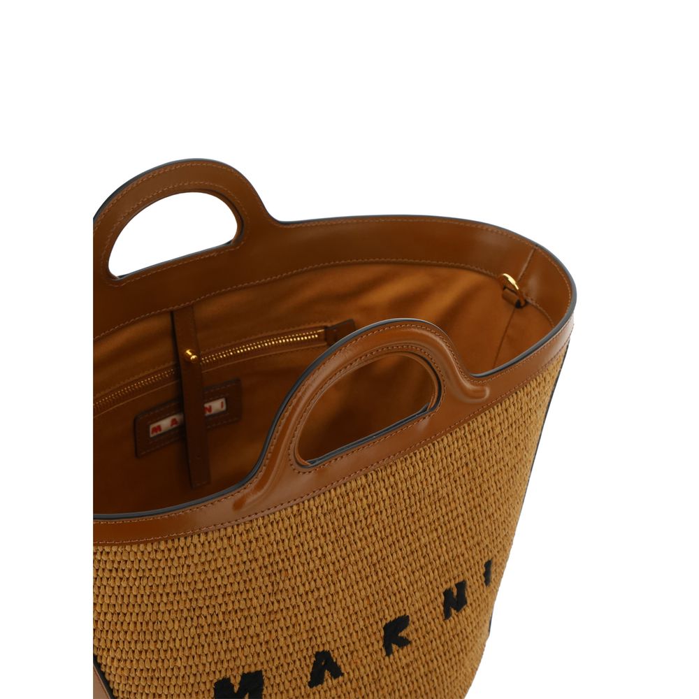 Tropicalia Small Bag in Brown Leather and Raffia-Effect Fabric