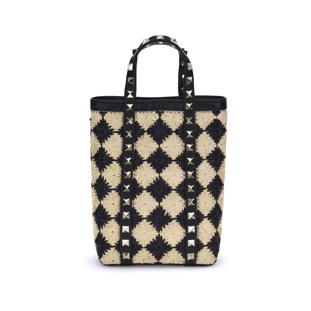Mini Rockstud Embroidered Shopping Bag in Raffia