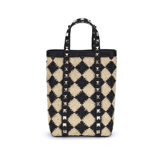 Mini Rockstud Embroidered Shopping Bag in Raffia