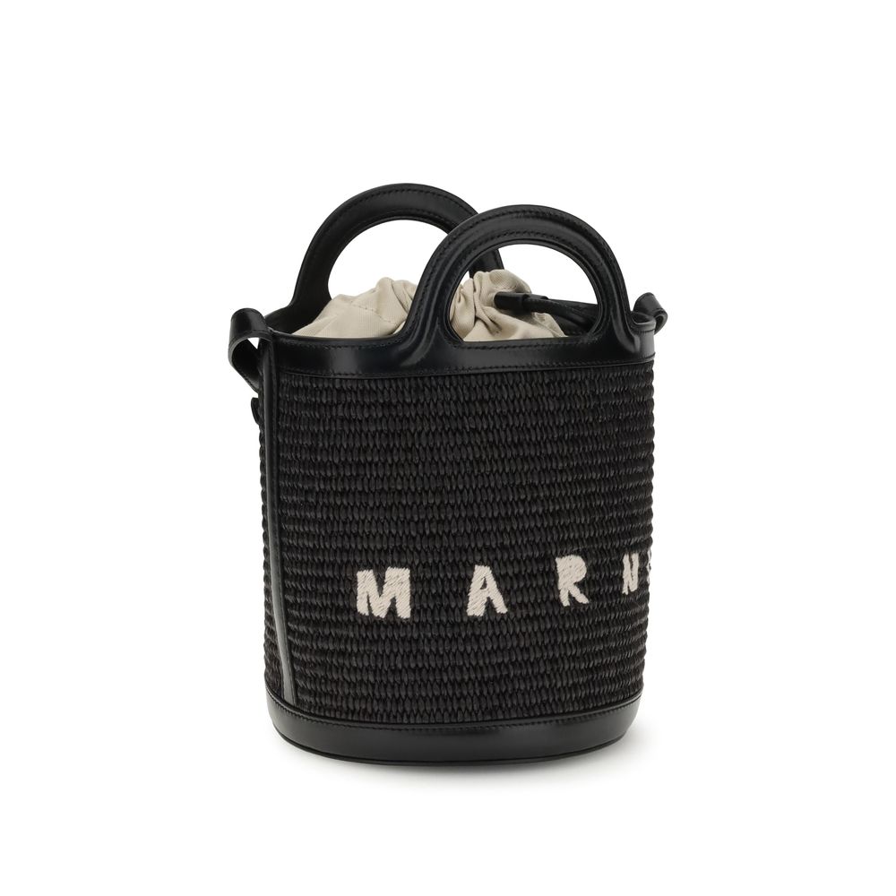 Tropicalia Small Bucket Bag in Black Leather and Raffia-Effect Fabric