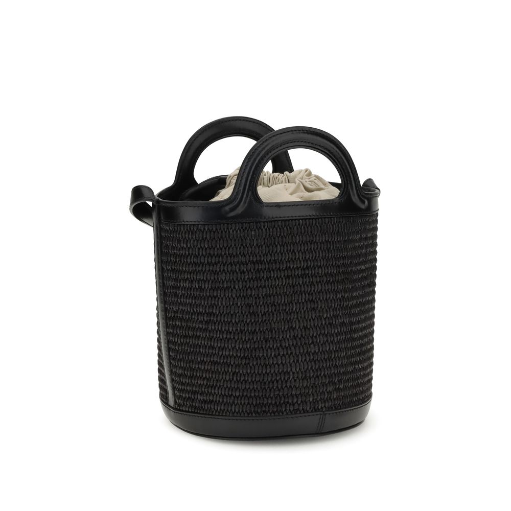 Tropicalia Small Bucket Bag in Black Leather and Raffia-Effect Fabric