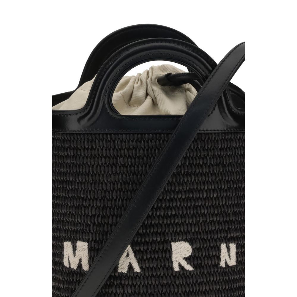 Tropicalia Small Bucket Bag in Black Leather and Raffia-Effect Fabric