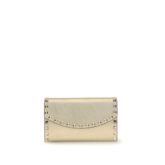 Rockstud Wallet with Chain in Laminated Grainy Calfskin