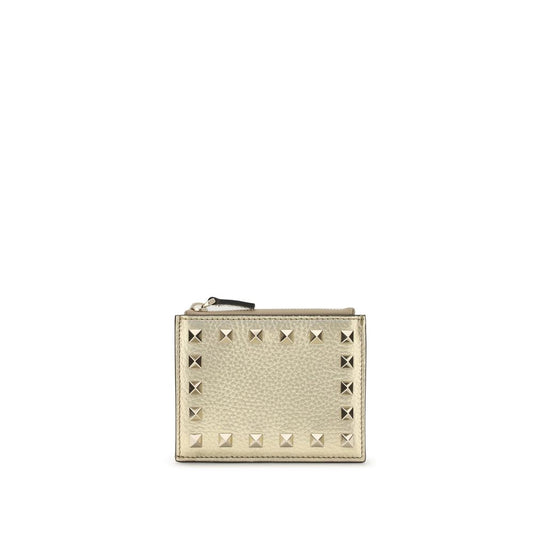 Rockstud Laminated Grainy Calfskin Cardholder with Zipper